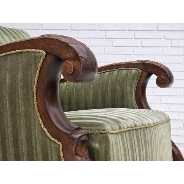 Vintage Danish Carved Oak Lounge Chair with Green Velour Upholstery, 1950s For Sale - Image 17 of 18