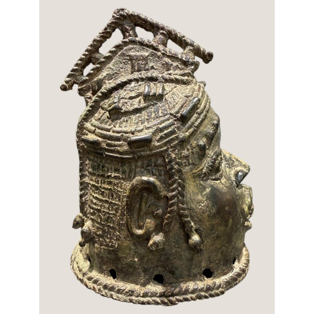 Vintage African Benin Edo Style Cast Brass Bronze Ceremonial Head Sculpture 7.5" For Sale - Image 9 of 15