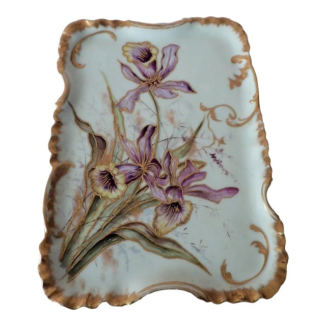 Antique Art Nouveau Limoges Haviland & Co France Porcelain Hand Painted Purple Iris Tray 1888 1896 For Sale