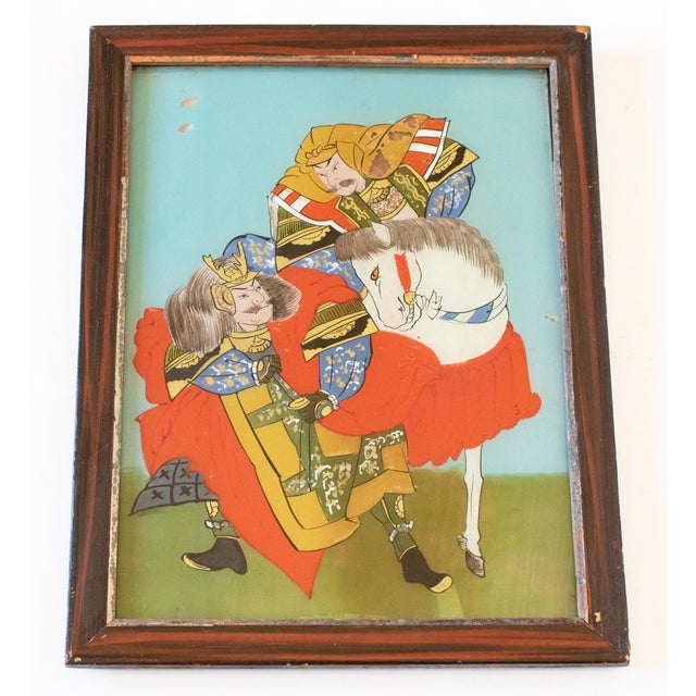 Antique Japanese Reverse Glass Painting depicts Two Samurai and a Horse. Signed on back. Original lacquered wood frame....