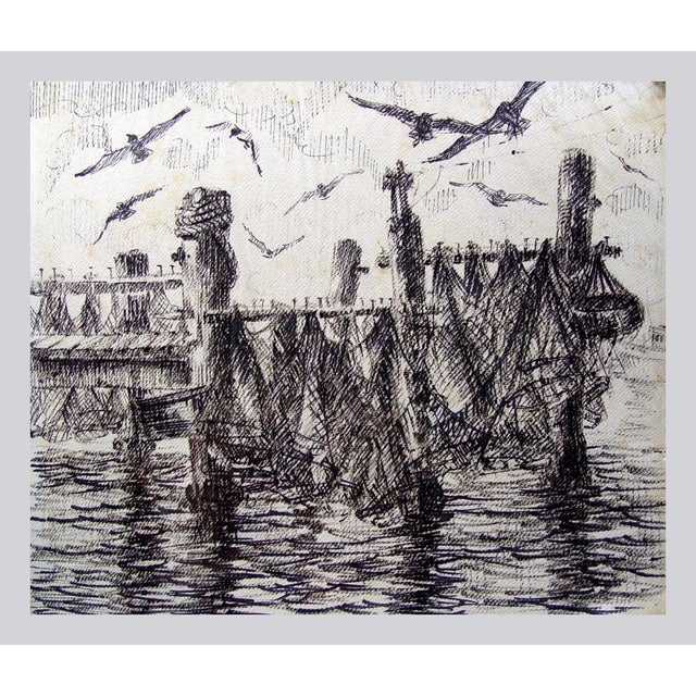 Rustic Mid 20th Century Harbor Scene With Drying Nets Pen & Ink Drawing For Sale - Image 3 of 3