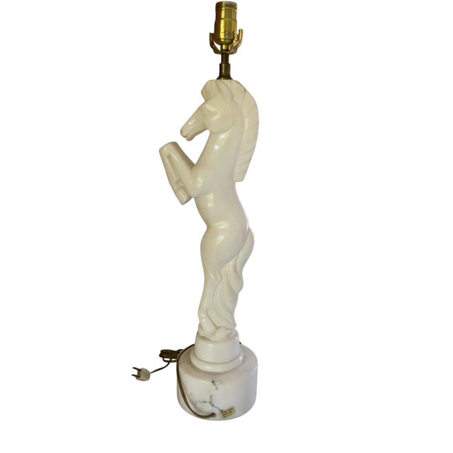 Stone Vintage Mid-Century Modern Italian Alabaster Horse Table Lamp Base Hand Carved Rearing Knight Model 477 Original Sticker For Sale - Image 7 of 7