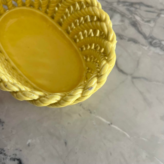 1990s Bright Yellow Vintage Ceramic Braided Basket Made in Spain For Sale - Image 5 of 9