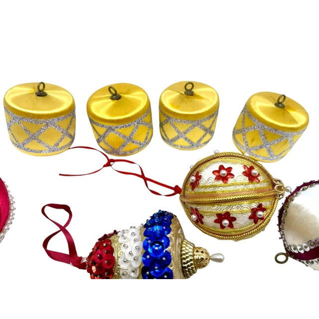 Yellow Vintage Bedazzled and Beaded Christmas Ornaments - a Set of 13 Pieces For Sale - Image 8 of 12
