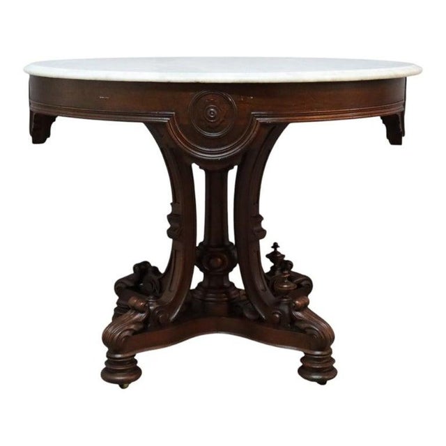 Traditional Late 19th Century Berkey & Gay Renaissance Revival Carved Rosewood Oval Marble Top Center Table For Sale - Image 3 of 10