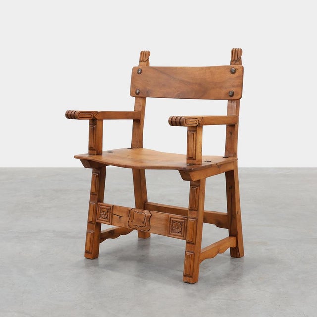 Rustic Carved Oak Iberian Side Chair, Spain, 1900 For Sale - Image 15 of 15