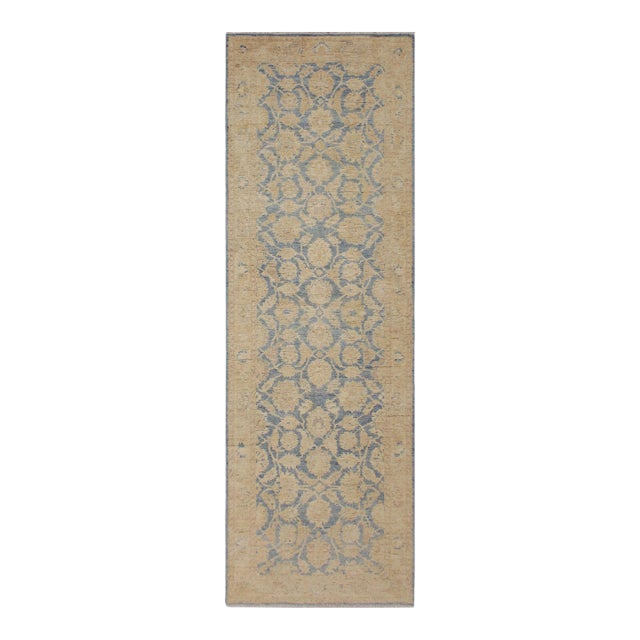 Shabby Chic Ziegler Blue/Gold Wool Runner Rug- 3'11'' X 10'11'' For Sale