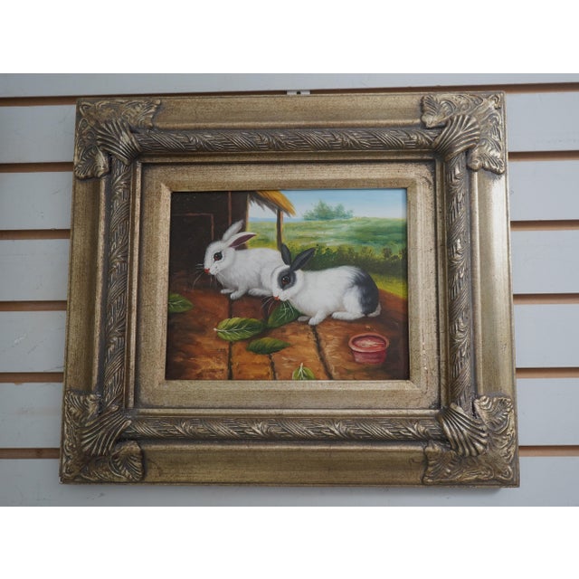 Pair Frame Bunny Oil Painting on Board For Sale - Image 9 of 12
