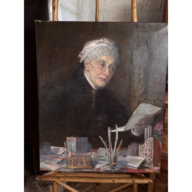 Antique 1903 Oil Portrait Painting Elderly Woman Reading Letter 25” X 30” For Sale - Image 11 of 12