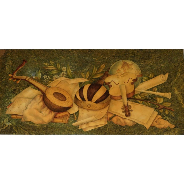 Scuola Florentine Marble & Brass Trompe l'Oeil Decorated Music Themed Cocktail Table. Paper label underside "Scuola...