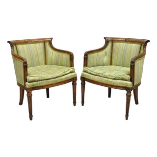 Antique Italian Regency Distress Carved Walnut Barrel Back Club Arm Chair, Pair For Sale