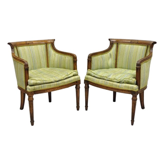 Antique Italian Regency Distress Carved Walnut Barrel Back Club Arm Chair, Pair For Sale