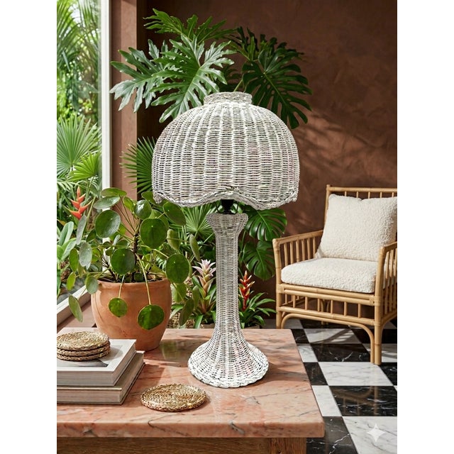 White Vintage Rattan Mushroom Lamp in White – Coastal Boho / Palm Beach Regency For Sale - Image 8 of 8