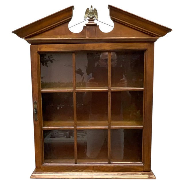 Vintage Solid Wood Hanging Wall Cabinet / Curio & Brass Eagle Finial For Sale - Image 15 of 17