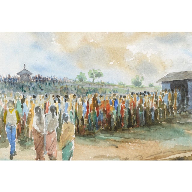 Wonderful figurative landscape of a crowd of people visiting a temple in Nepal by Alok Gurung (Nepalese, late 20th...