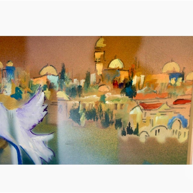 Modern Ben Avraham Nhamani, Ben Avraham Nahmani Israeli School Jerusalem Landscape Painting Doves of Peace, c.1980s For Sale - Image 3 of 8
