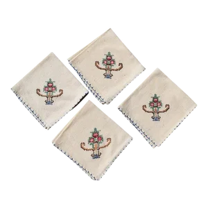 Linen Hand Embroidered Floral Dinner Napkins in Pink Blue and Yellow - Set of 6
