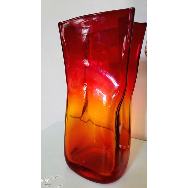 Blenko 2004 Signed Blenko Tangerine Medium "Paper Bag" Art Glass Vase - Model 8813m For Sale - Image 4 of 6