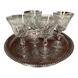 Vintage Cut Crystal Wine Glasses With Silver Plated Tray Set- 5 Pieces For Sale