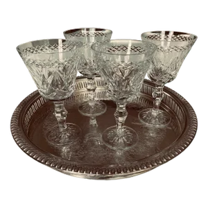 Vintage Cut Crystal Wine Glasses With Silver Plated Tray Set- 5 Pieces