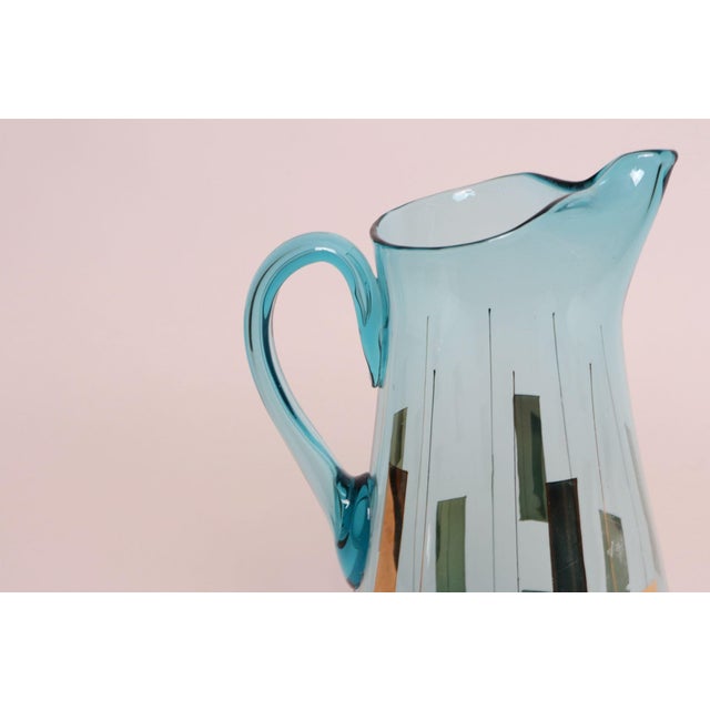 Turquoise Vintage Hungarian Hand Blown Blue Crystal Glass Pitcher With Gold Leaf Accents For Sale - Image 8 of 15