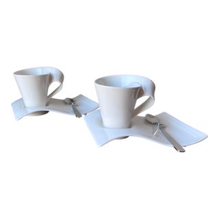 Set of 2 - Villeroy and Boch New Wave Caffe Coffee Mugs and Saucers With Spoon Set For Sale