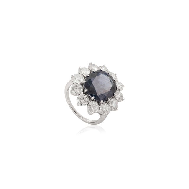 8.21ctw Deep Royal Sapphire Princess Diana Diamond Cocktail Ring in 18k White Gold Size 5.5 For Sale - Image 4 of 15