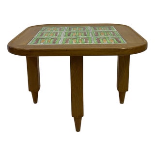 French Oak Coffee Table with Tiled Top attributed to Guillerme et Chambron for Votre Maison, 1970s For Sale