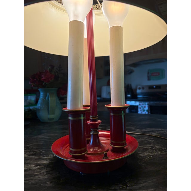 Art Deco Antique Red Metal Tole French Bouillotte Table Lamp For Sale - Image 3 of 8