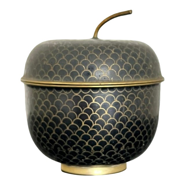 Vintage Cloisonné Lidded Box in Acorn Form – Black & Gold With Turquoise Enamel Interior For Sale