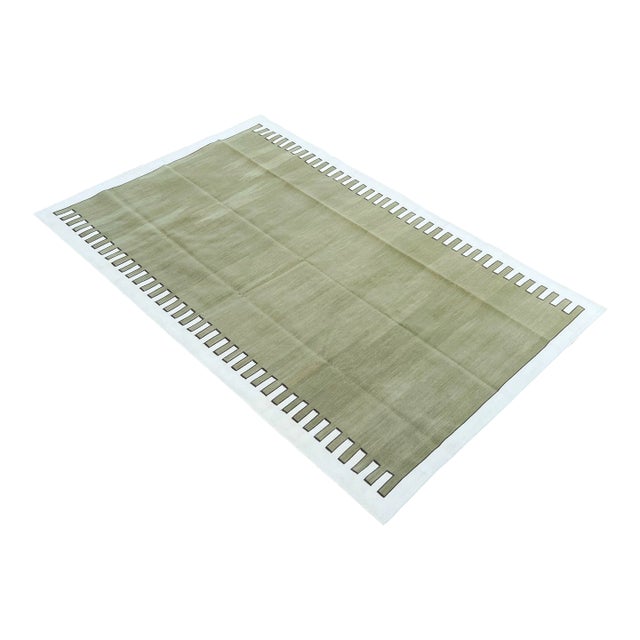 Handmade Cotton Area Rug Vegetable Dyed Olive Green and White Zig Zag Striped Rug-5'x7' For Sale