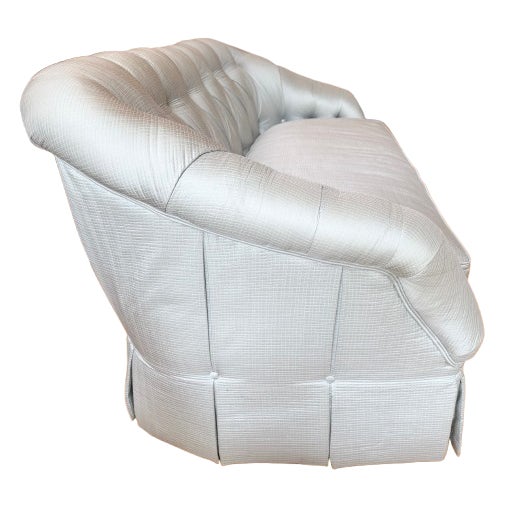 Wood Custom Blue Tufted Sofa With Pleated Skirt For Sale - Image 7 of 15