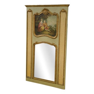 Trumeau Mirror with Crackled Patina and Oil on Panel Depicting a 19th-Century Romantic Scene For Sale