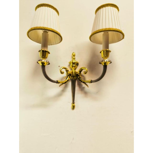 Mid-Century Modern Brass Wall Lamp with Silk Lampshades, 1950s For Sale - Image 3 of 9
