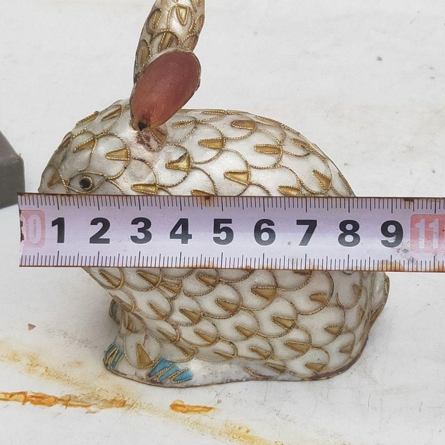 Vintage Cloisonné Enamel Rabbit Figure – White Ground With Gilt Fur Motif, Silver-Blue Technique For Sale - Image 9 of 10