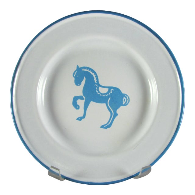 8" Mid Century Modern Kockums Jernverk Sweden Enamelware Turquoise Blue Horse Pony Plate Child's Dish For Sale