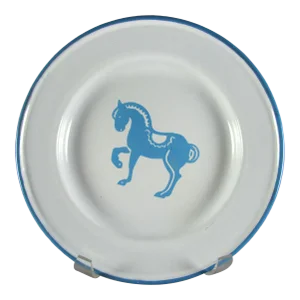 8" Mid Century Modern Kockums Jernverk Sweden Enamelware Turquoise Blue Horse Pony Plate Child's Dish