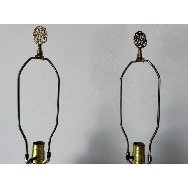 1980s Vintage Beige Ceramic Table Lamps on Brass Finish Bases – A Pair For Sale In Miami - Image 6 of 12