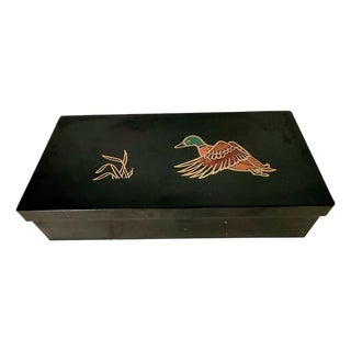 Rare Vintage Mid-Century Modern Couroc of Monterey, California Jewelry, Trinket, Vanity Box- Hand Inlaid Coastal Mallard Duck in Wood & Brass For Sale