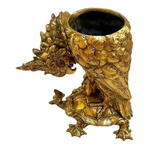 Early 20th Century Aesthetic Gilt Metal Cockatoo & Turtle Figural Cachepot