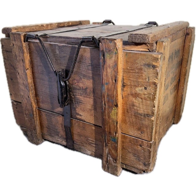 Rustic European Rare Antique German Wood Wine Crate W Lid, 19th Century, Industrial Metal Straps For Sale - Image 3 of 18