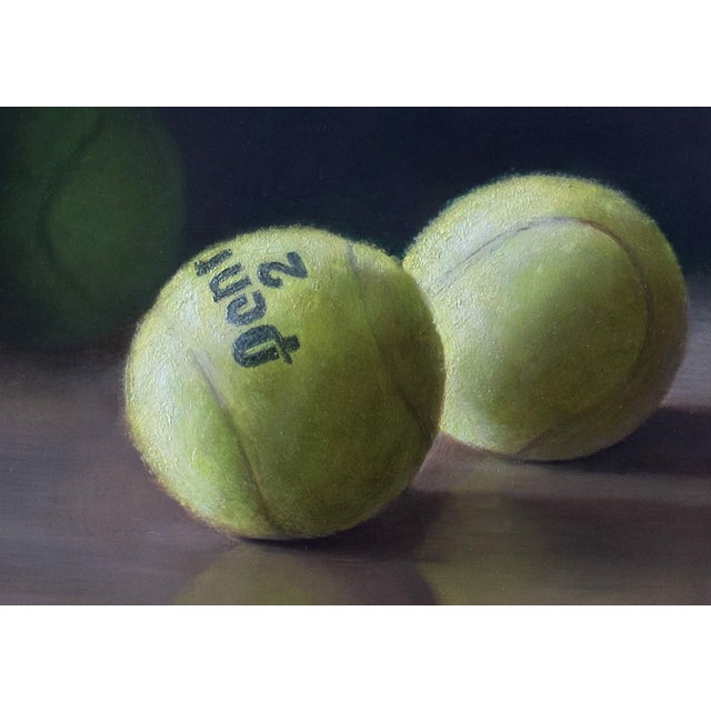 Early 21st Century Help Has Arrived by Kelly Birkenruth | Oil on panel Still life of tennis and golf balls For Sale - Image 5 of 5