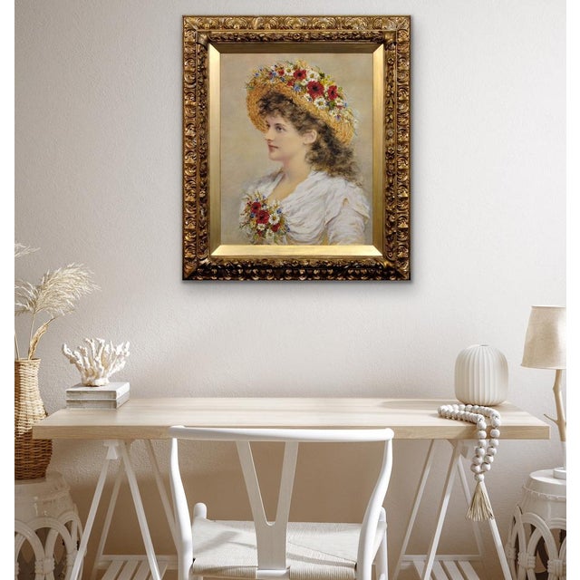 Alice Anne Renshaw, Young Lady with Summer Meadow Flowers in Her Straw Hat, Watercolour & Gouache Painting, 1800s, Framed For Sale - Image 18 of 18