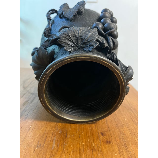 Art Deco Antique Japanese Bronze Textured Black Metal Floral Vase Meiji Era For Sale - Image 3 of 12