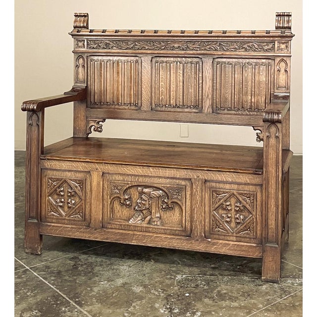 Antique Gothic Revival Carved Hall Bench For Sale - Image 4 of 18
