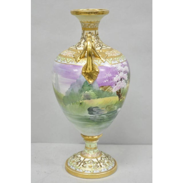Antique Nippon Hand Painted Cottage Lake Porcelain Twin Handle Bolted Urn Vase For Sale - Image 11 of 17