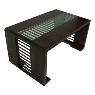 1970s Mid-Century Modern Industrial Wood and Brass Coffee and Cocktail Table For Sale