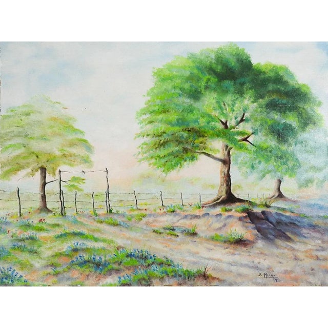 1970s Vintage 1972 Landscape and Bluebonnets Painting For Sale - Image 5 of 5