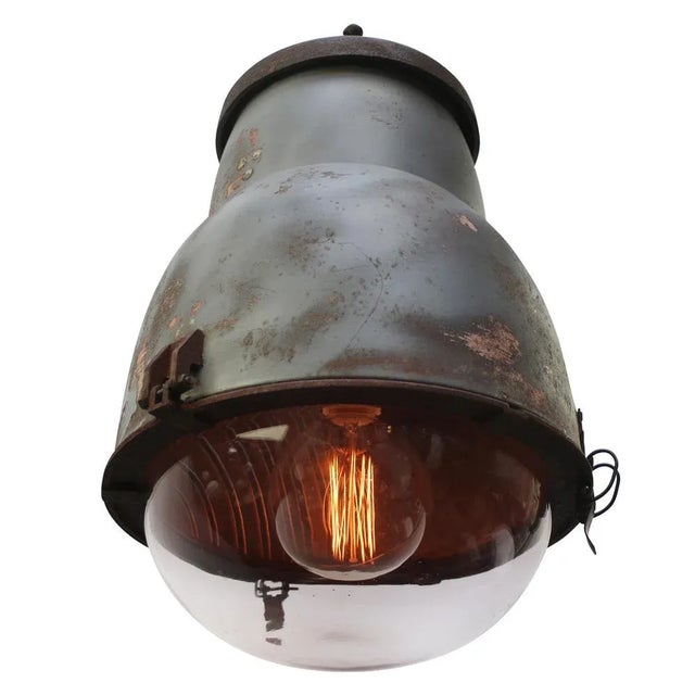 Industrial Vintage French Industrial Round Gray Metal Glass Pendant Light from Philips For Sale - Image 3 of 8
