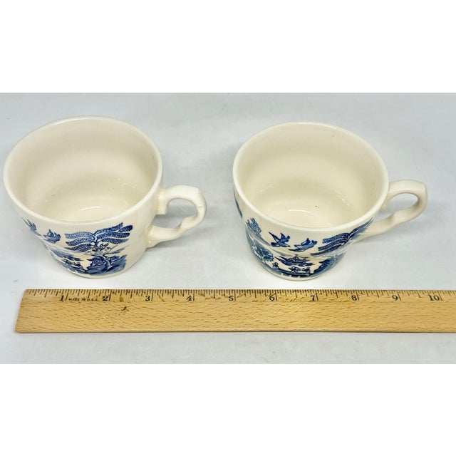 Vintage Eit Blue Willow Pagoda Design Ironstone Tea Coffee Cups - a Pair For Sale - Image 10 of 12
